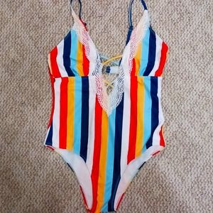 Women's Size Large One-Piece Multi-colored Striped Bathing Suite